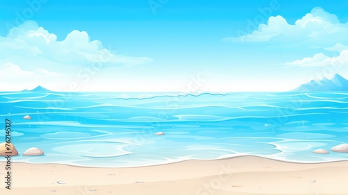 cartoon beach scene with gentle waves  clear skies  and distant mountains