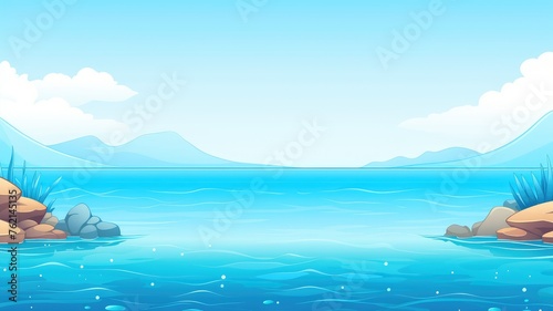 cartoon beach scene with gentle waves, clear skies, and distant mountains