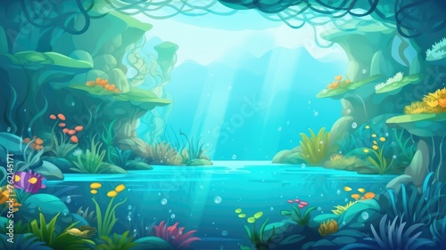 cartoon underwater cartoon with colorful corals, fish, and glistening water