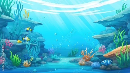 cartoon underwater cartoon with colorful corals, fish, and glistening water © chesleatsz