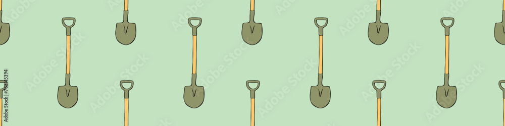 Seamless pattern with garden shovels, spades, scoops. Vector backgrounds and textures with tools for working on the farm, in dacha, country site in flat doodle style Seamless pattern with garden shovels, spades, scoops. Vector backgrounds and textures with tools for working on the farm, in dacha, country site in flat doodle style