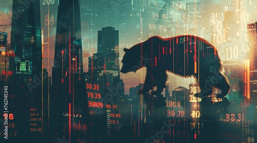 a bear shadow looming over a cityscape with stock tickers reflecting negative growth photo