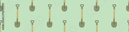 Seamless pattern with garden shovels, spades, scoops. Vector backgrounds and textures with tools for working on the farm, in dacha, country site in flat doodle style