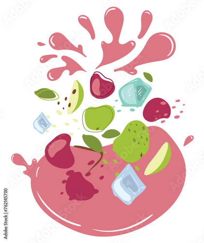 Ripe apple, cherry and ice cubes with splashes of juice. Vector illustration of organic fruit juice. Eco label concept for natural apple and cherry flavor with ice. Design of vape, juice, smoothie.