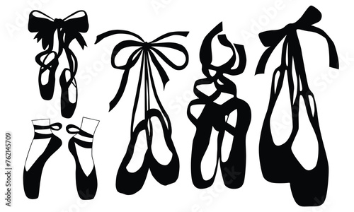 Pointe shoes bundle stencil template silhouette set of ballet shoes in classic positions isolated on white background