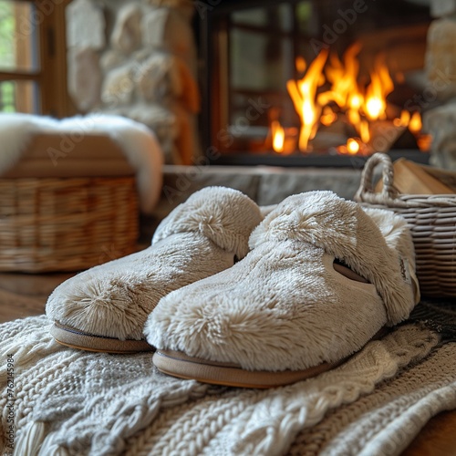 Pair of plush slippers beside cozy fireplace for World Sleep Day. photo