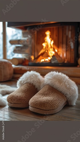 Pair of plush slippers beside cozy fireplace for World Sleep Day. photo