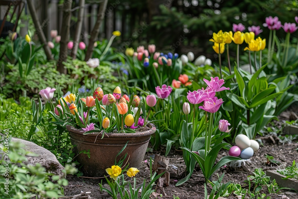 Naklejka premium Easter egg hunt in a blooming garden filled with spring flowers.