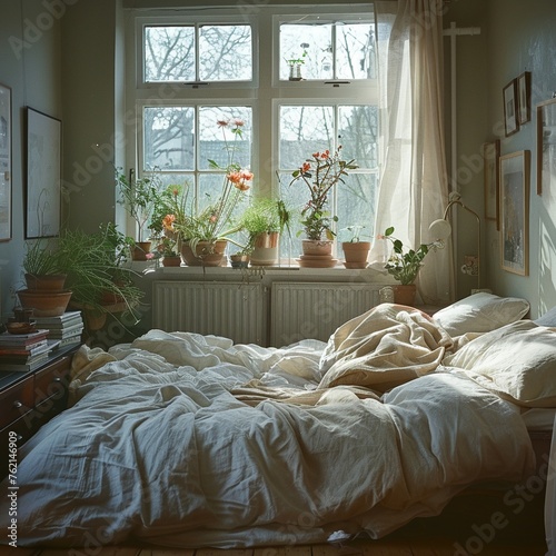 Peaceful bedroom with unmade bed and soft light for World Sleep Day. photo