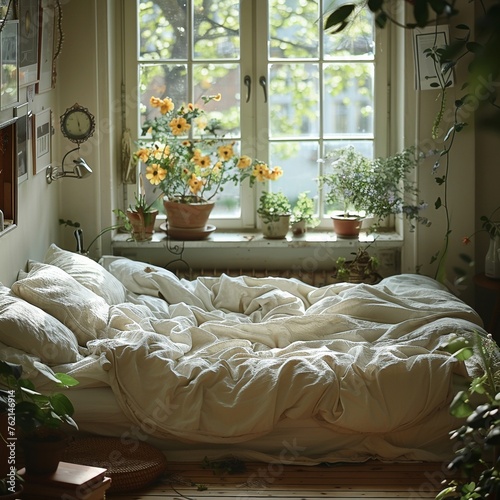 Peaceful bedroom with unmade bed and soft light for World Sleep Day. photo