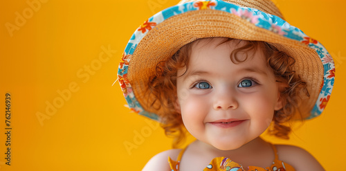 Cute, little girl smiling in sunhat isolated over teal background. Banner with copyspace. shallow depth of field.