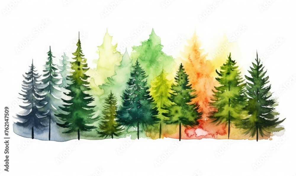 Vibrant watercolor painting of pine trees

