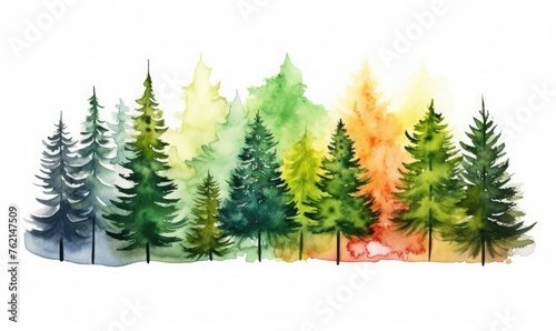 Vibrant watercolor painting of pine trees 