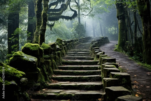 Picturesque Path mountain light stairs. Dawn forest. Generate Ai