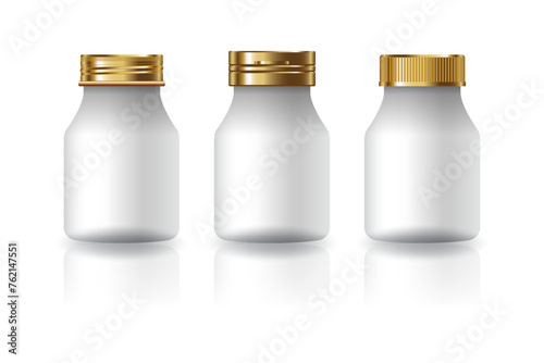 White round supplements or medicine bottles 3 styles gold lid for beauty or healthy product. Isolated on white background. Ready to use for package design. Vector illustration.