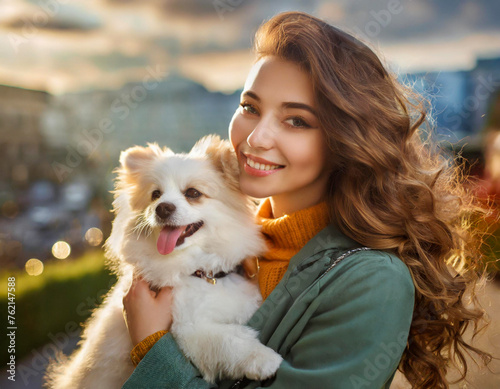 Portrait of beautiful young curly woman holding white dog in hands arms