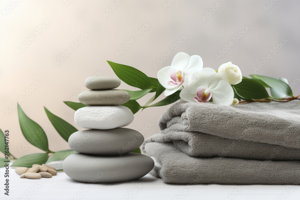 Fototapeta premium Stack of soft grey towels with fresh orchids