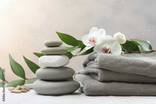 Stack of soft grey towels with fresh orchids