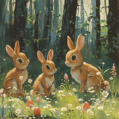 Playful animation cel of rabbits hiding Easter eggs in blooming spring forest. photo