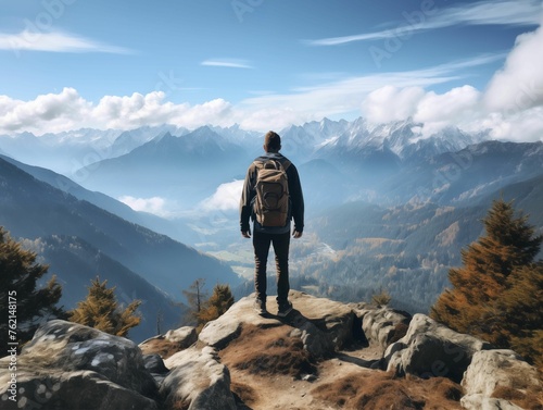 Back Shot of Man Hiking Top of Mountain Background. Generative AI