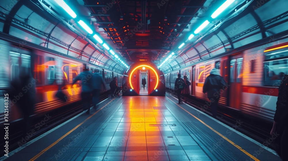 Busy Subway Station Platform With Commuters Walking Busy Subway Station Platform With Commuters Walking