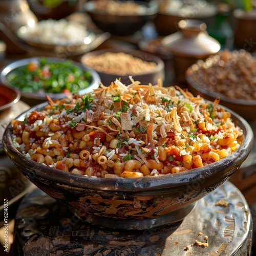 An authentic Egyptian Koshari, a mix of pasta, lentils, and rice topped with crispy onions and a sprinkle of herbs, served in a decorated clay bowl