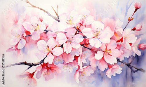 Vibrant cherry blossoms in watercolor, celebrating spring 