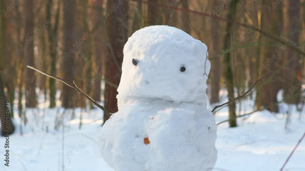 A clumsy, sad snowman in the park against the background of trees. Winter depression symbol. A clumsy, sad snowman in the park against the background of trees. Winter depression symbol.