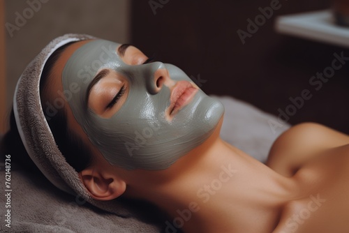 Young woman enjoys a relaxing facial mask treatment at a luxury spa