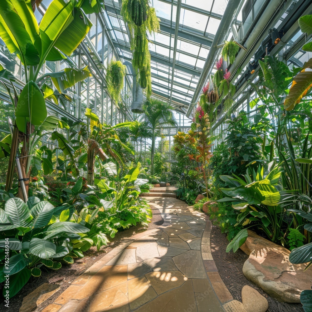 Sprawling tropical greenhouse where the air is warm and humid filled with a lush array of tropical plants towering banana trees and hanging vines created with Generative AI Technology