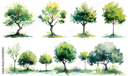 A collection of watercolor green trees isolated on a white background  suitable for use in nature-themed designs or eco-friendly campaigns.
