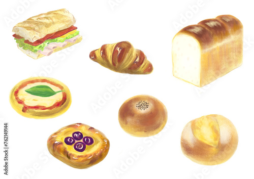 パン　サンドウィッチ　食パン　クロワッサン　アンパン　ピザパン　デニッシュ　手描き　パステル　色鉛筆