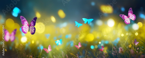Beautiful meadow landscape with happy butterflies