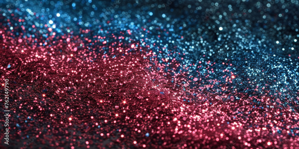 Red and blue glitter on bokeh  background, shiny and sparkling texture, banner