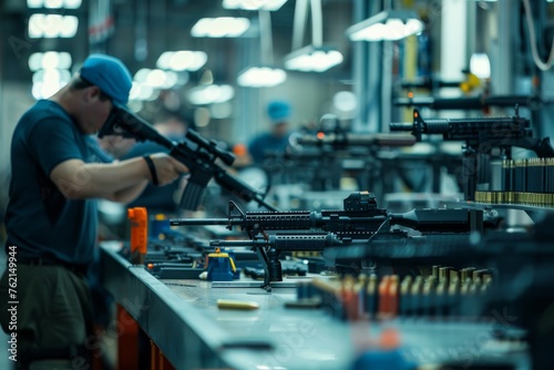 workers assembling firearms on the production line inside the factory 