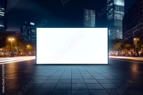 Blank white illuminated big screen with place for your logo or text on the street in a city at night