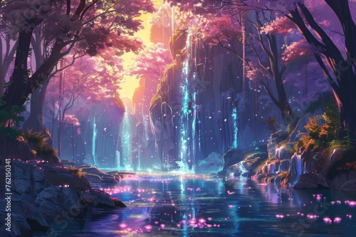 The enchanted forest dazzled with trees boasting crystal foliage and a radiant river flowing through