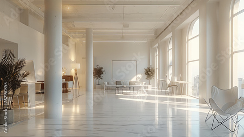 A minimal modern office space, white interior. Generative AI.