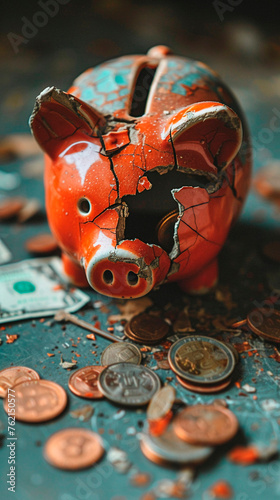 a close-up of a broken piggy bank on a stark barren table © Rona_65