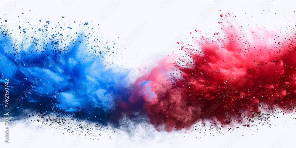 Red and blue powder explosion on white background, freeze motion of red blue powder splash, festive