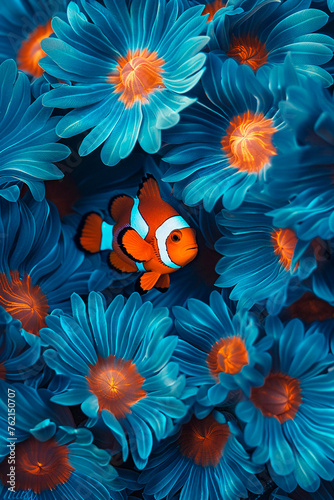 Macro shot cheerful clownfish amidst the safety of a blue anemone serene depths ,