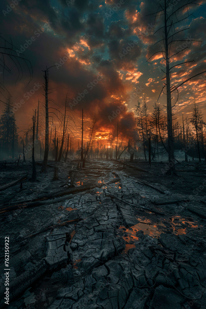 A once lush forest now stands barren with skeletal trees under a sky choked by wildfire smoke