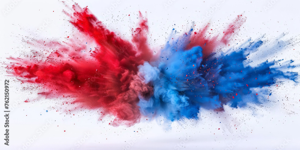 Red and blue powder explosion on white background, freeze motion of red blue powder splash, festive Red and blue powder explosion on white background, freeze motion of red blue powder splash, festive