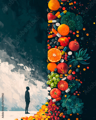 A splitscene illustration that juxtaposes a healthy lifestyle choice on one side fresh fruits vegetables and exercise against a dark ominous background photo