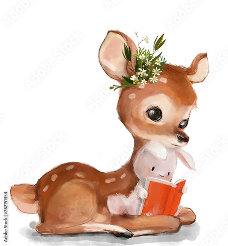cute fawn and hare reading a book