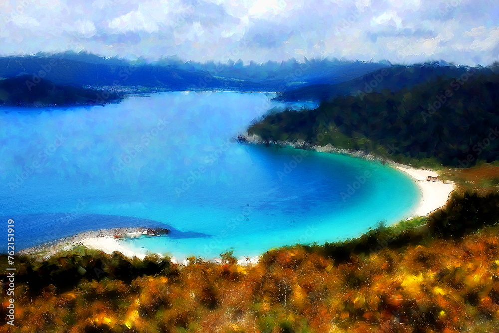 Photo painting, illustrated photo with oil painting effect. view of Bares beach, Estaca de Bares, cape, cyclopean breakwater, old whaling port, A Coruña, Galicia, Spain, Photo painting, illustrated photo with oil painting effect. view of Bares beach, Estaca de Bares, cape, cyclopean breakwater, old whaling port, A Coruña, Galicia, Spain,