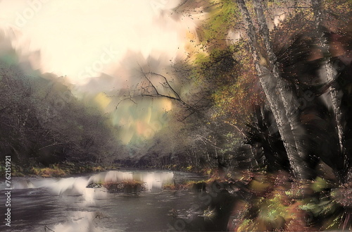 Photo painting, illustrated photo with oil painting effect. riverside landscape, Galician forest, fraga, Souto da Retorta, photo