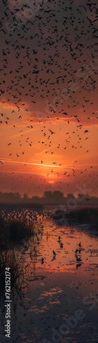 A panoramic view of a vast bird migration over a wetland at sunrise, the sky dotted with thousands of birds robot starting their journey,hyper realistic, low noise, low texture, surreal