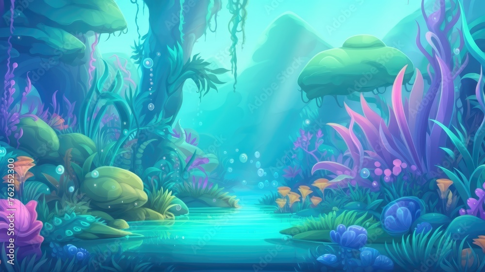 cartoon underwater scene with colorful corals, fish, and serene ocean view