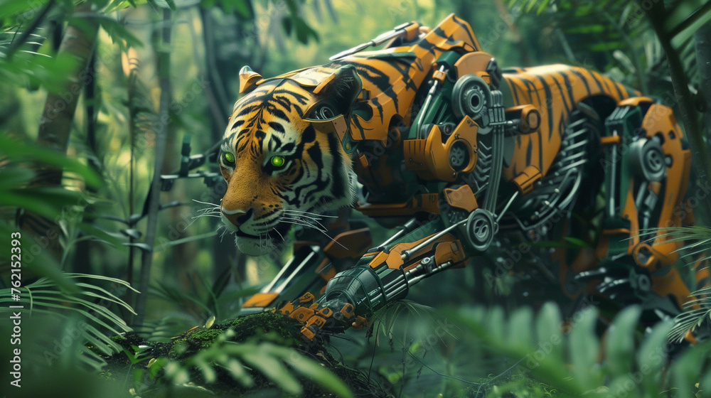 A powerful tiger robot stealthily moving through the jungle underbrush, eyes focused and intent on its prey,hyper realistic, low noise, low texture, surreal
